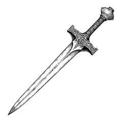 Medieval Dagger Engraved Ornate Hilt and Blade Black and White Outline Line Art Drawing