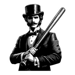 Vintage Gentleman Thug with Top Hat Holding Baseball Bat Black and White Outline Line Art Drawing