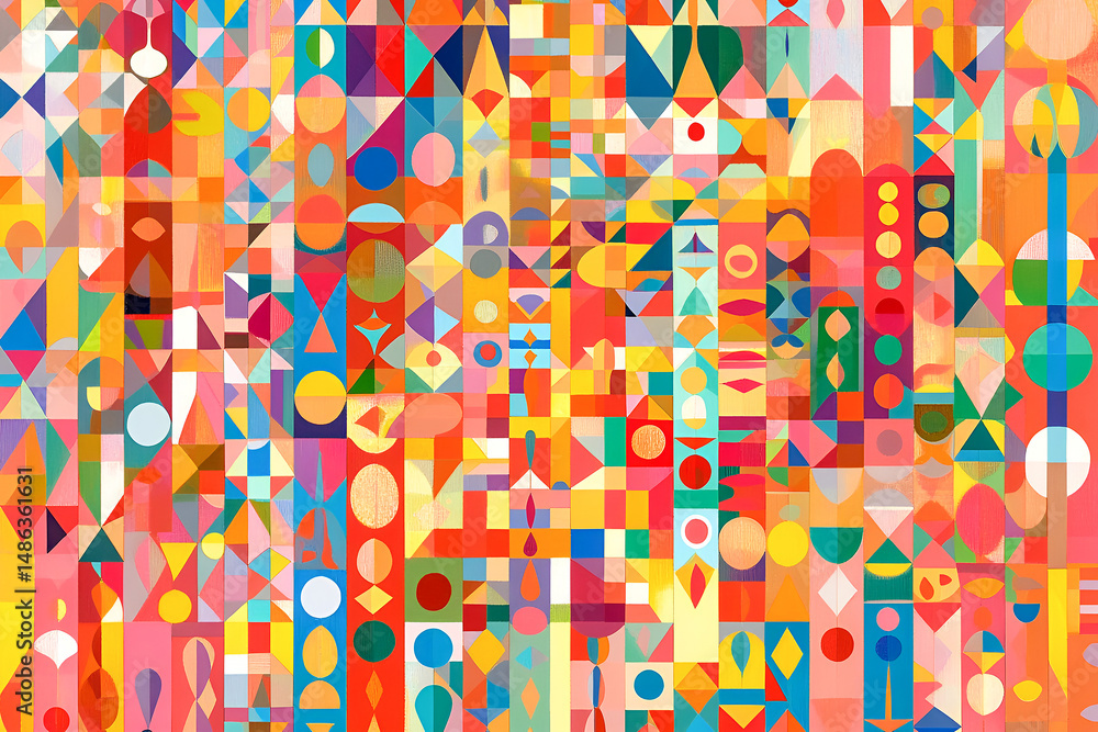Poster abstract composition of colorful geometric shapes including triangles circles and rectangles creates