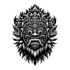 Balinese Rangda or Barong Mask Traditional Culture Detailed Black and White Outline Line Art Drawing