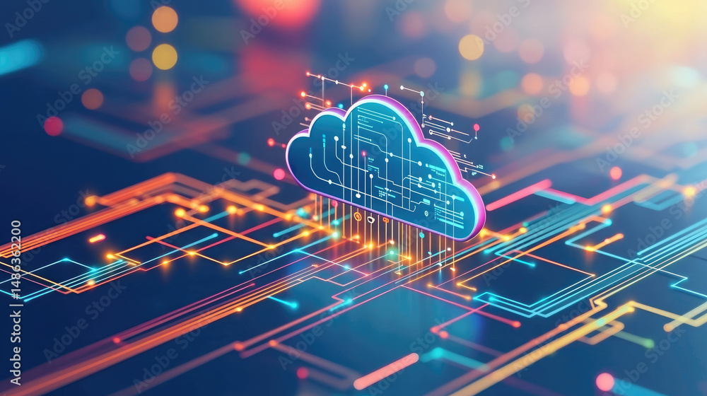 Fototapete digital cloud computing concept with data circuits and network connection