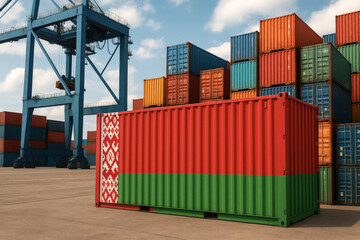 Freight container painted in the national colors and traditional pattern of Belarus, placed in a global port for export operations.
