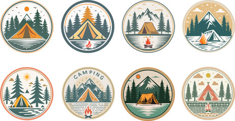 Vintage camping logo set with tents, pine trees, campfires and mountain scenery in circular badge design. Perfect for outdoor adventure, travel, hiking, and nature exploration branding.