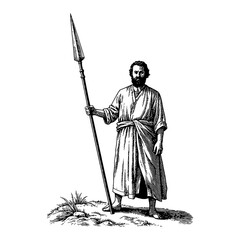 Obraz premium Man Holding Long Spear Traditional Engraving Style Black and White Outline Line Art Drawing
