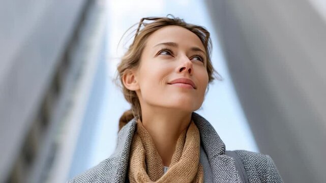 Confident Gaze: A woman with a determined expression gazes upwards towards towering buildings. The image speaks of ambition, optimism, and the pursuit of goals.