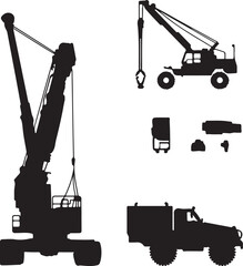 Silhouettes of Construction Cranes, Truck, and Equipment Black Vector