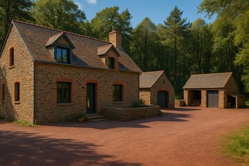 Maison bretonne avec lucarnes en toiture et ses annexes en pierres de pays dans hameau