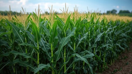 Obraz premium Lush cornfield stretching across a rural landscape.