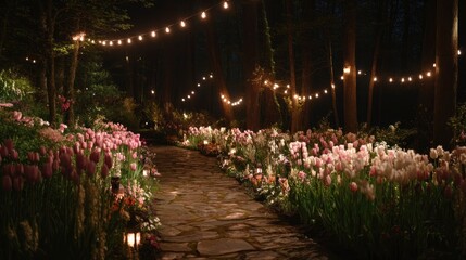An enchanted floral pathway lined with glowing tulips under softly flickering fairy lights