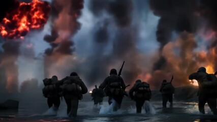 Group of soldiers storming a beach at night amid battle and explosions, cinematic and intense war scene.