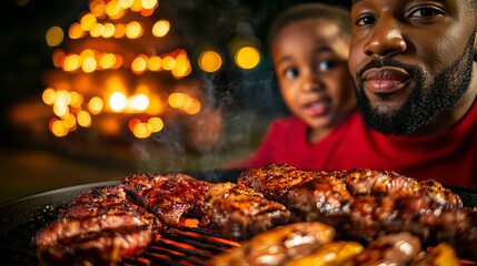 African American father and child look at the grilled meat with blurred Christmas lights in the background.