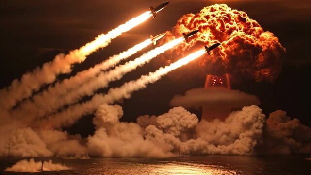 Nuclear explosion with multiple missiles streaking across apocalyptic sky over the ocean, post-apocalyptic atmosphere.