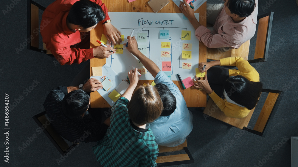 Poster top view of smart people writing and making scrum task board while writing plan and planning strateg