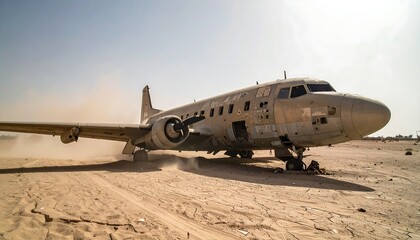 Abandoned Aircraft In Desert Landscape Under Sunny Sky With Beige Fuselage and Sandy Ground
