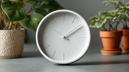 Simple white clock on a grey surface, surrounded by plants