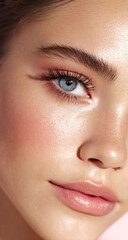 Fototapeta premium Studio lighting brings out the beauty of a woman, emphasizing her glowing skin and subtle makeup.
