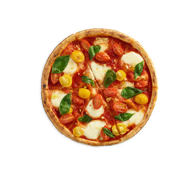Pizza with roasted tomatoes and fresh basil leaves
