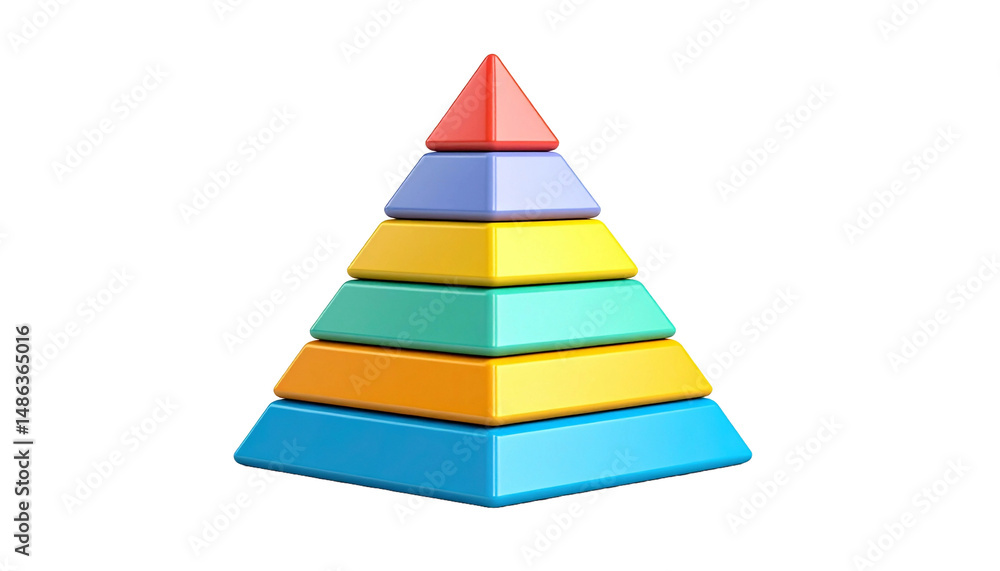 Poster a colorful pyramid made up of stacked, geometric shapes. the pyramid has different color on layer