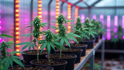 Cultivation of cannabis plants in pots inside a greenhouse with led grow lights in the background