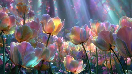 An ethereal garden overflowing with vibrant tulips that change colors as the wind moves through them
