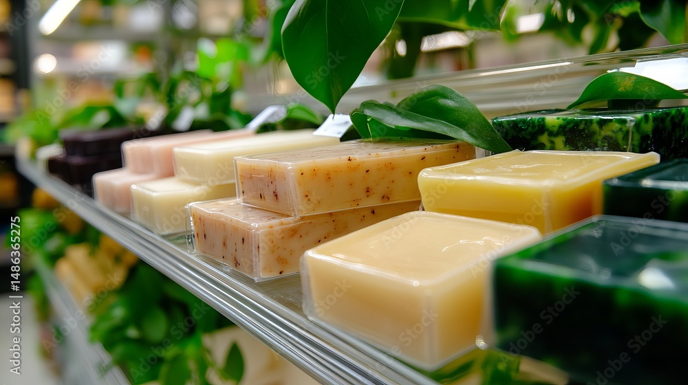 Poster assorted soap bars sit on a metal shelf with green leaves creating a natural and colorful display.