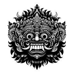Balinese Rangda or Barong Mask Traditional Culture Black and White Outline Line Art Drawing