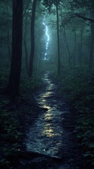 Obraz premium Misty forest path with lightning