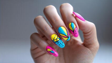 A hand displaying colorful nail art with geometric designs and a light gray background in a studio shot