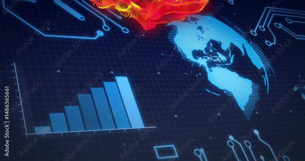 Poster data interface being animated in scene, showing ascending blue bars, rotating globe, circuit lines