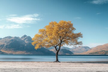 Solitary autumn tree on a beach with mountainous backdrop under clear skies, autumn tree stands alone on the beach with mountains in the background and a blue sky above