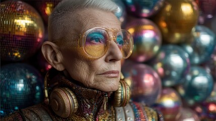 An elderly woman dressed as a DJ showcases her love for disco culture. Surrounded by colorful disco balls, she exudes confidence and joy at a vibrant party atmosphere