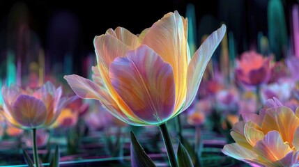 An otherworldly tulip with neon-colored petals glowing against a futuristic digital garden backdrop
