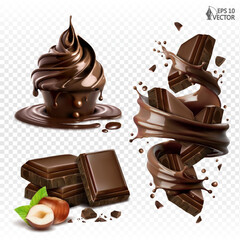Vector realistic chocolate splash, swirl. Set of sweet desserts, brownies. Milk chocolate slices with hazelnuts. Food illustrations, design elements