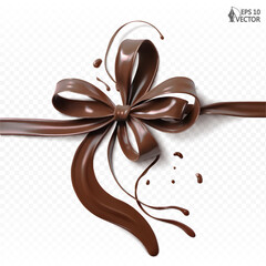 Realistic chocolate ribbon isolated on white background. Festive confectionery bow. Food vector illustration, gift wrap design element