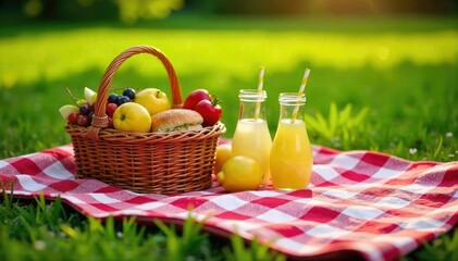A checkered blanket spread on a sun-drenched grassy field, laden with a basket overflowing with summer fruits, sandwiches, and lemonade Perfect for a relaxing summer's day , basket, drink, picnic