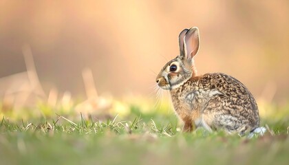 Fototapeta premium Brown And White Rabbit Sitting On Green Grass In Soft Focus Sunlight