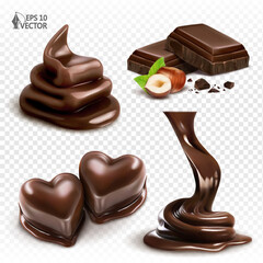Realistic liquid chocolate flow and cream. Melting pralines in heart shape. Vector set. Chocolate slices with hazelnuts. Isolated food illustration, design elements
