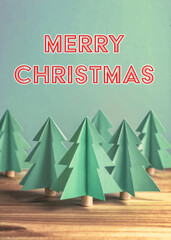 Forest green Scandi style DIY decor folded paper Christmas trees Merry Christmas card. Easily replace text on green background, wallpaper, backdrop.
