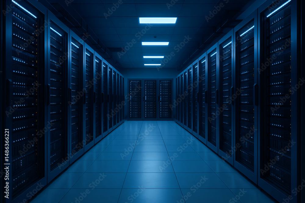 Poster modern data center with server racks.