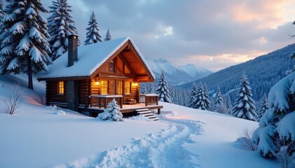 A cozy cabin nestled in a snowy landscape, perfectly serene for a reserved holiday getaway Perfect for winter escapes and peaceful getaways , escape, rural