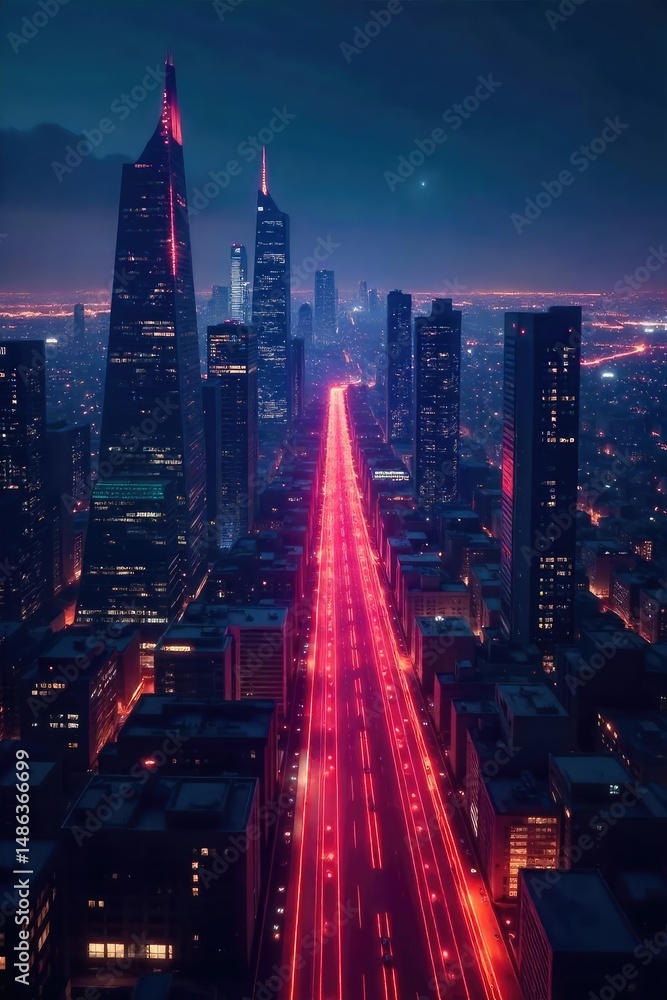 Poster a futuristic cityscape at night, glowing nodes and lines representing interconnected digital network