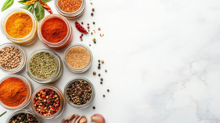 Assortment of colorful spices in glass jars arranged on a marble surface