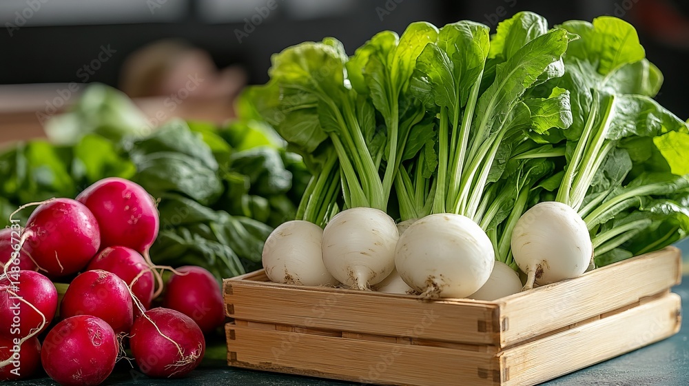 Poster assorted radishes and turnips are arranged in wooden crates and a pile, showing fresh produce on a d