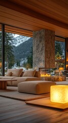 Modern mountain home living area with fireplace
