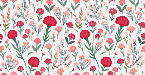 Dense Floral Pattern Featuring Red And Pink Carnations, Along With Smaller Flowers And Foliage, Set Against A White Background.
