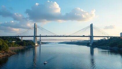 Obraz premium A modern suspension bridge spans a wide river, showcasing impressive civil engineering , landmark, urban, vehicle