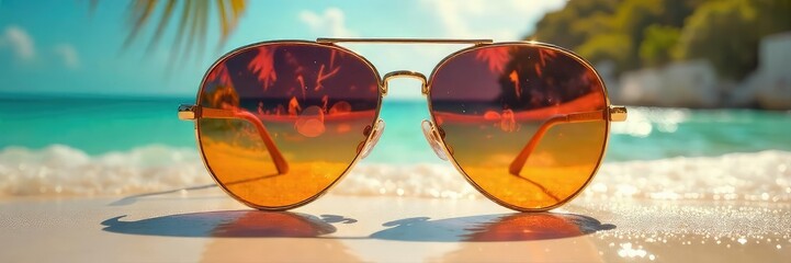 A pair of stylish sunglasses mirrored together, reflecting a vibrant, sunny scene Perfect for themes of friendship, unity, and shared experiences , friendship, relationship