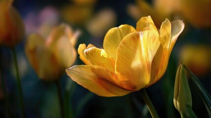 Vibrant yellow tulip illuminated by soft golden sunlight