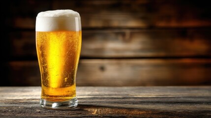 Foamy golden beer in a tall glass on rustic wood with warm wooden background, perfect for bar ads, brewery promotions, party invites, and Oktoberfest-themed visuals