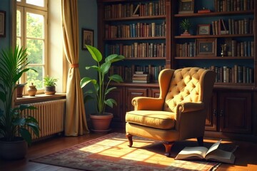 A serene scene of a quiet home library, bathed in sunlight, featuring a comfortable armchair and an open book; perfect for relaxation and personal time , golden hour, relaxing